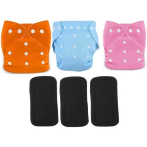 Flockidos Cotton Washable Pink, Orange, Blue Button Strap 3 Diaper Pants with 3 Insert Pads