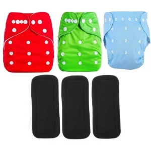 Flockidos Cotton Washable Green, Red, Blue Button Strap 3 Cotton Diaper Pants with 3 Black Insert Pads
