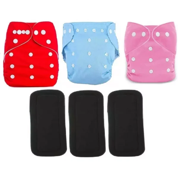 Flockidos Cotton Washable Pink, Red, Blue Button Strap 3 Cotton Diaper Pants with 3 Black Insert Pad