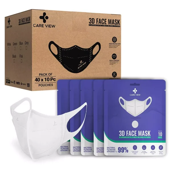 CARE VIEW CV-3PLY-3D-WHITE-POUCH-400 Disposable Mask ( Pack of 400)