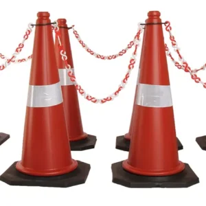 Ladwa Road Traffic Cone With 8 mtr Chain And 8 Hooks Safety Cone With Reflective Strips Collar, (Pack Of 8 Pcs)