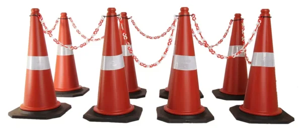 Ladwa Road Traffic Cone With 8 mtr Chain And 8 Hooks Safety Cone With Reflective Strips Collar, (Pack Of 8 Pcs)