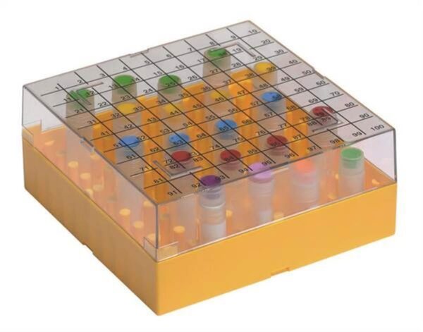 100 Place Polycarbonate Cryo Box, Printed Lid. 131 x 131. Yellow. Pack of 5