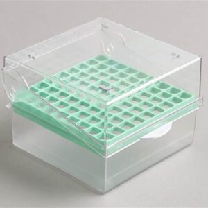 81 Place Polycarbonate Hinged Cryo Box Tall. 145 x 142. Green for 3-5ml tubes