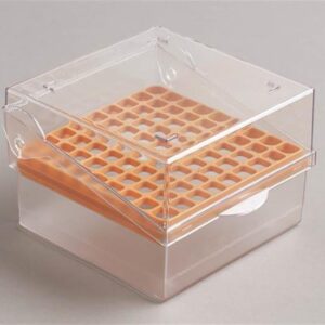81 Place Polycarbonate Hinged Cryo Box Tall. 145 x 142. Orange for 3-5ml tubes