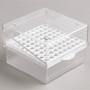 81 Place Polycarbonate Hinged Cryo Box Tall. 145 x 142. White for 3-5ml tubes