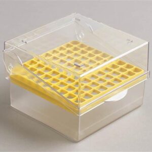 81 Place Polycarbonate Hinged Cryo Box Tall. 145 x 142. Yellow for 3-5ml tubes