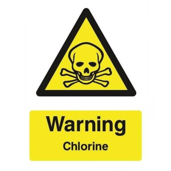 Adhesive label 75mm H x 60mm W reads 'Warning Chlorine' - single label
