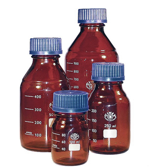 BOTTLE, glass, brown, screw thread GL45, graduat., 1l + CAP