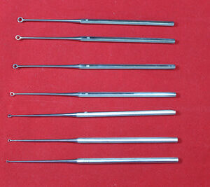Buck Ear Curette Set of 7 Piece Sharp Point Round handle overall length 6.5"