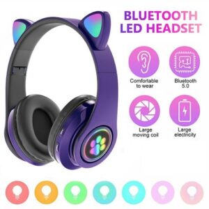 Cat Ear Headset Bluetooth Headset LED Light Earphone Purple