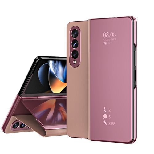 Galaxy Z Fold4 Case, Mirror Plating Hard PC PU Leather Semi-transparent Standing View Cover For Samsung Galaxy Z Fold 4 5G