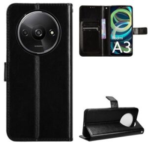 for Redmi A3 Wallet Case Anti-lost Cover Shockproof Stand Leather Case Black
