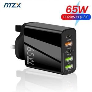 65W 5 Ports Smart Wall Charger PD QC3.0 USB A Type C Black