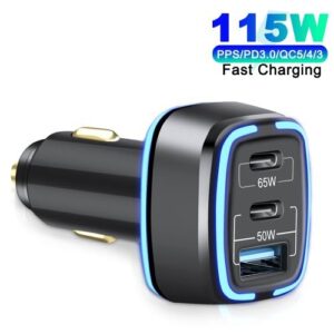 ?115W?Anchtek 115W Car Cigarette  USB Type-C PD 3-Port QC4.0 Fast Charging Car Phone Charger  For Laptop IPhone 13 12 Xiaomi