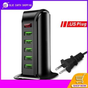 5-Port USB Tower Charger with LED Desktop Phone Charger Rapid Charging Station Adapter