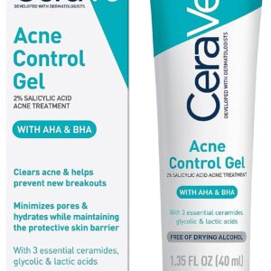Cerave Salicylic Acid Acne Treatment With Glycolic Acid And Lactic Acid, AHA/BHA Acne Gel For Face To Control And Clear Breakouts 1.35 Ounce