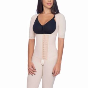 BRALESS FULL BODY ABOVE THE KNEE FAJA WITH SLEEVES AND HOOK CLOSURE