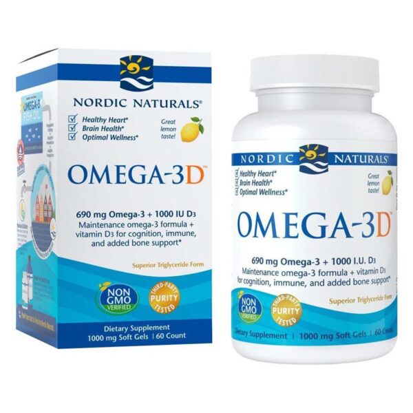 Nordic Naturals Omega 3D Omega 3 + Vitamin D3 Fish Oil Supplement Softgels - Lemon Flavour, Pack of 60's