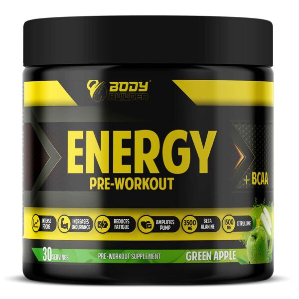 Body Builder Energy Pre workout Plus BCAA, Green Apple, 30, Intense Focus