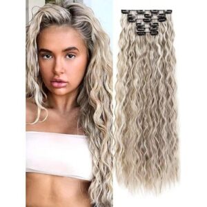 22-Inch Cream-Colored Curly Clip-On Hair Extensions Multicolor 16 Clip Wig Pieces