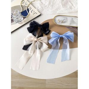 3pcs Black, Cream And Blue Mesh Bow Hairclips Set, Hairpieces For Women