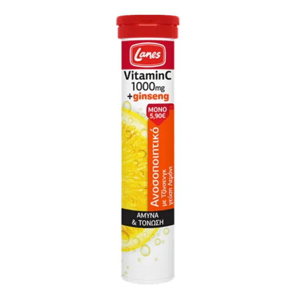 LANES VITAMIN C 1000MG+ GINSENG, STRENGHTENS THE IMMUNE SYSTEM DURING COLD& FLU. 20 EFFERVESCENT TABLETS WITH LEMON FLAVOR