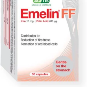 Agetis Emelin FF, Iron & Folic Acid x 30 Tablets - Against Tiredness & Supports Formation Of Red Blood Cells