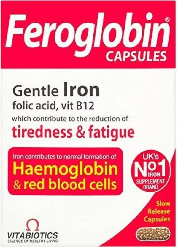 VITABIOTICS 1+1 FREE FEROGLOBIN. GENTLE IRON, FOLIC ACID, VITAMIN B12 FOR THE REDUCTION OF TIREDNESS& FATIGUE 30CAPSULES