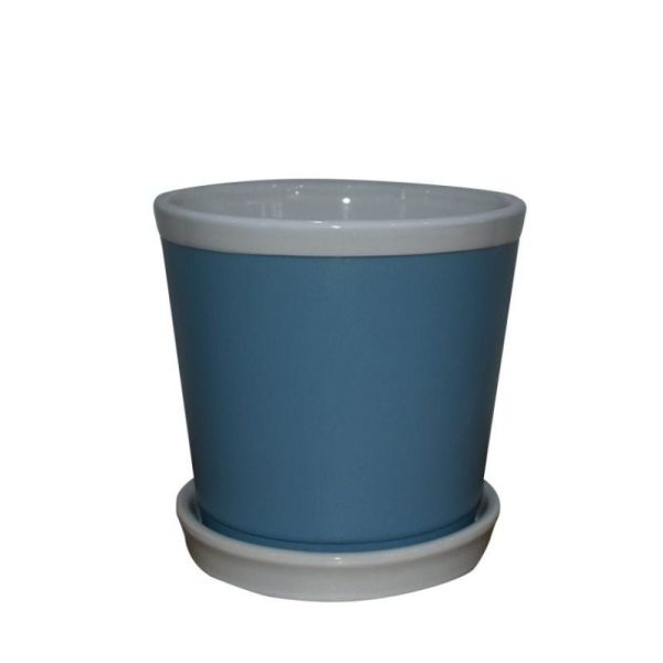YG Ceramic Pot with attached Saucer - Blue