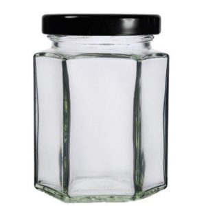 180ml Hexagonal Clear Glass Jar & Black Twist Off Cap 55