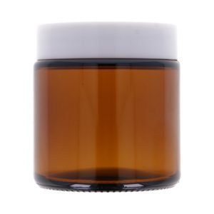 Amber glass jar 100 ml, White ABS lid, White PP liner